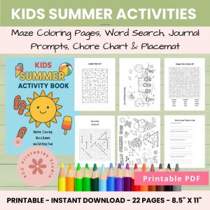 Kids summer printable activities, maze, coloring, word search, journal prompts and more