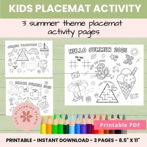 Kids summer printable placemat activity pages - 3 printable pages