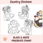 New Procreate Stamp Sets for Creatives - country chickens black and white procreate stamps
