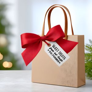 Easy & Affordable Gift Ideas - gift bag with big red bow, and a tag that says "sweet treets from our house to yours"