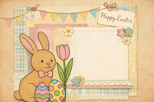 Easter bunny with colored eggs and a pink tulip on a seasibak scrapbook page