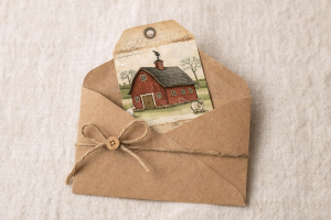 Red barn primitive tag tucked inside a kraft envelope.