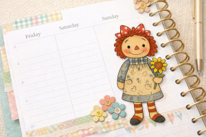 Planner page with a primitive annie sticker image