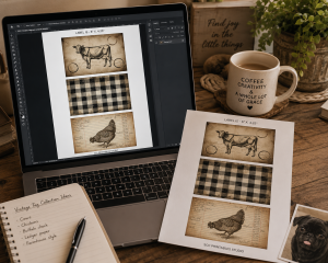 laptop with coffee cup and a digital version of my farmhouse lables, and printed version of my farmhouse labels