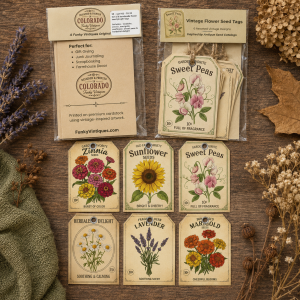 Set of printed vintage flower seed package tags, and picture of a package set of tags