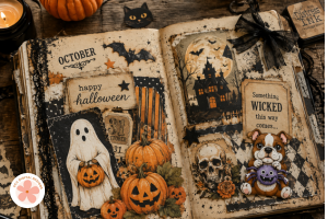 A journal spread featuring pumpkins, ghosts, bats, and vintage Halloween elements.