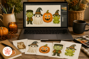Cute Halloween PNG Clipart, Crow, Pumpkins, Black Cat & Cauldron Scene Creator, Retro Halloween Graphics for Digital & Paper Crafting