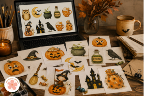 Cute Halloween PNG Clipart, Crow, Pumpkins, Black Cat & Cauldron Scene Creator, Retro Halloween Graphics for Digital & Paper Crafting