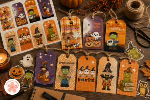 Cute Halloween PNG Clipart, Crow, Pumpkins, Black Cat & Cauldron Scene Creator, Retro Halloween Graphics for Digital & Paper Crafting