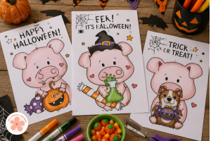 Halloween Pigs on a craft table with markers, halloween candy 