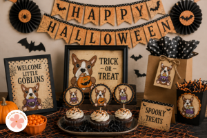 Happy Halloween - table with halloween decor created using boston terrier and halloween clipart