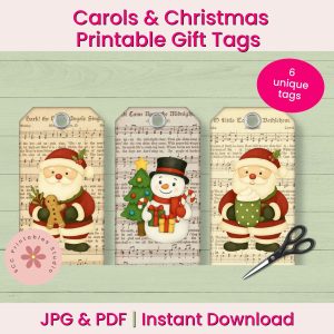 Christmas Crafting Starts Early: New Holiday Designs at SCC Digital Designs - Carols & Christmas Pirntable Gift Tags, Stanta with Sheet Music Background